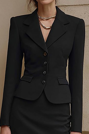 Black Notched Lapel Pencil 2 Piece Midi Work Dress